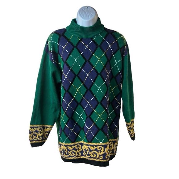 Marisa Christina Sweaters - Marisa Christina Vintage Argyle Knit Sweater Green Navy Gold Long Tunic 90s L